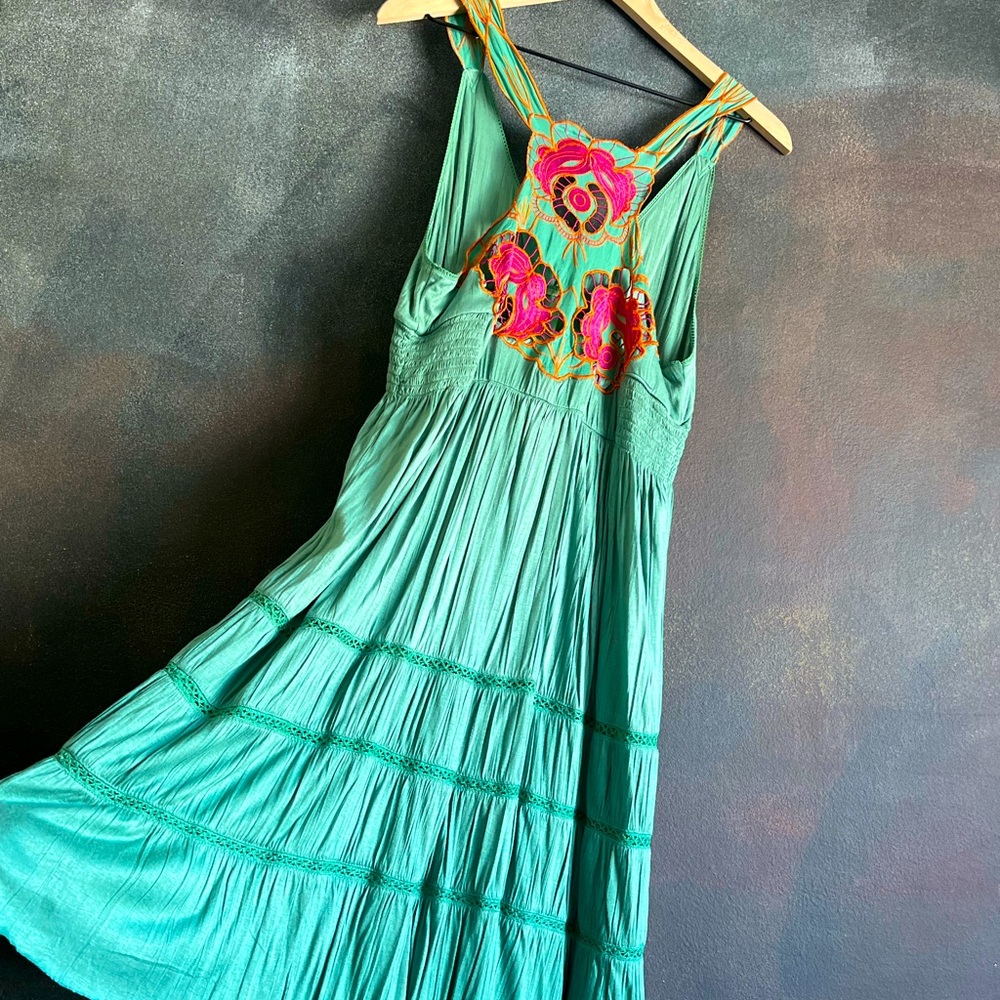 Green Midi Free People Dress with Stappy Floral Embroidery